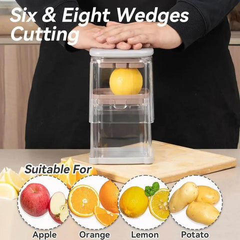 3 In 1 French Fry Cutter And Veggie Dicer for potatoes, onions, cucumbers, tomatoes, with a lemon on eight wedge blade.