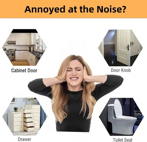 Person covering ears with images of noisy items like cabinet door, drawer, door knob, and toilet seat, captioned 'Annoyed at the Noise?'.
