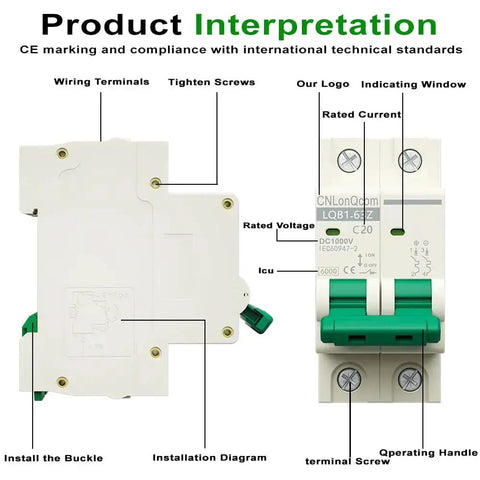 Front and side view of 20 Amp DC Solar Breaker Miniature Circuit Breaker Solar Disconnect Switch with labeled components