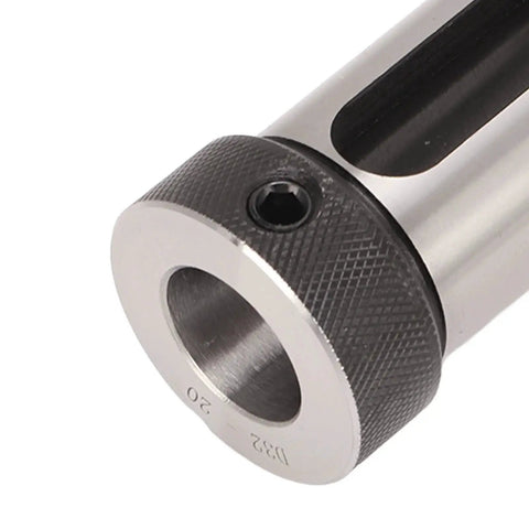 Morse taper drill sleeve adapter, knurled silver body, front close-up view