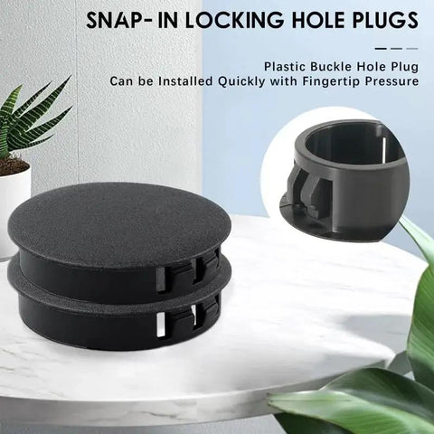 50 Pack Black Plastic Hole Plugs Half Inch 13 Mm Flush Type Snap In Locking Tube Plugs displayed on table with close-up view