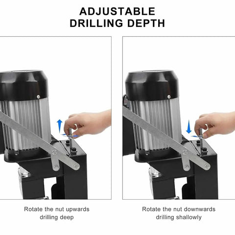 Pro Grade Electric Hinge Drilling Machine demonstrating adjustable drilling depth with user rotating nut
