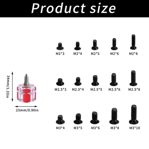 Size chart of screw types and screwdriver in 450 Piece Eyewear Repair Kit With Tiny Screws And Screwdriver Perfect For Glasses Sunglasses Watches.