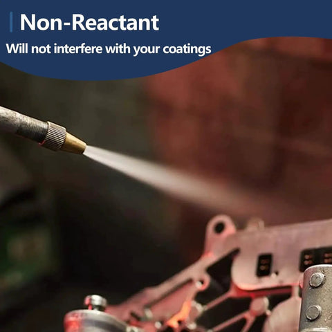 Close-up of garnet sand blasting in action on metal with the text 'Non-Reactant' displayed, highlighting the coating-safe feature.