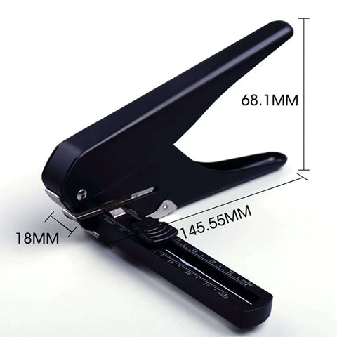 Side view of Handheld One Quarter Inch Hole Puncher With Skid Resistant Base, 20 Sheet Punch Capacity, Heavy Duty Metal Punch, Black with measurements.