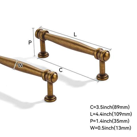 10 Pack Center To Center Three And A Half Inch Antique Brass Cabinet Pulls with dimensions and measurements shown
