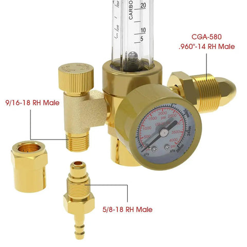 Argon CO2 MIG TIG Flow Meter Gas Regulator Gauge with CGA 580 Inlet, brass construction, detailed component view for precise welding setup