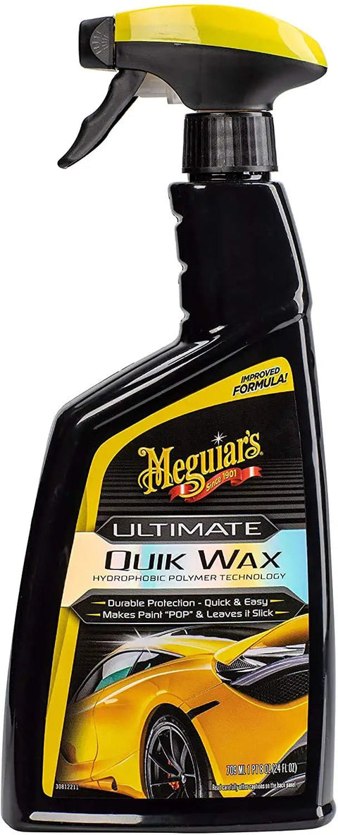 Ultimate Quik Wax With Hydrophobic Polymer Technology For Long Lasting Protection, Easy On And Off No Fuss, Superior Water Beading And Deep Wet Look Shine For Your Car, 709mL Meguiar's spray bottle side view.