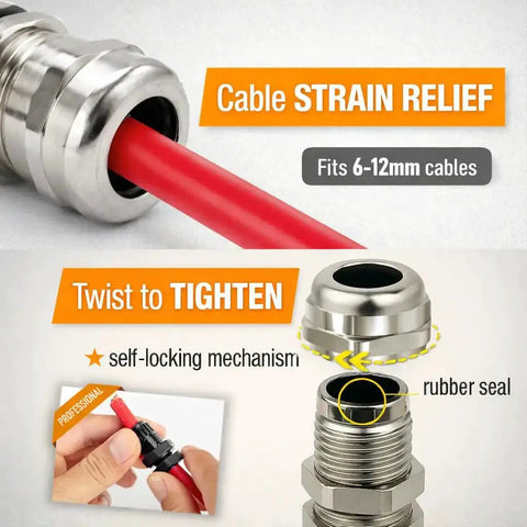 Half Inch NPT Brass Cable Gland Metal Cord Grip Strain Relief Two Pack Wire Protection demonstrating cable fit and installation