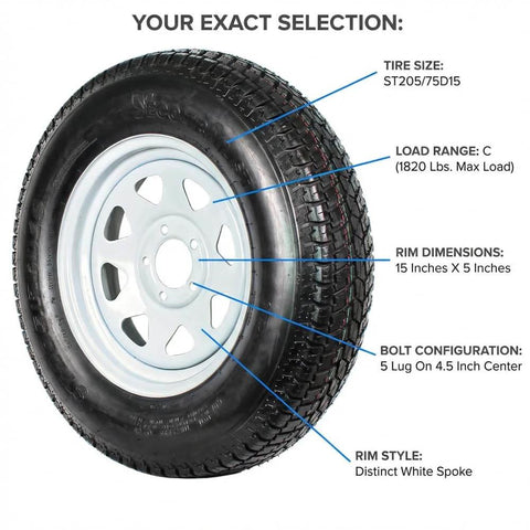 Two Pack 15 Inch Trailer Tire And Rim Set ST20575D15 Load Range C With Five Lug Four Point Five Inch Bolt Pattern White Spoke Wheel Pre Mounted On 15 Inch Rims For Utility Trailers Durable And Ready To Tow With Two Year Warranty, close-up view