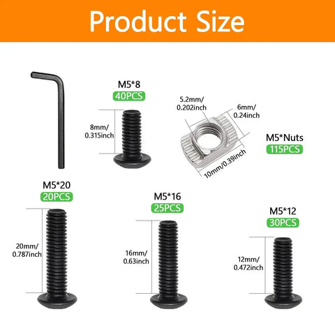 230 Pcs M5 T Nuts And T Slot Bolts Set With Hammer Head T Slot Nut And Hex Button Head Socket Cap Screws For 2020 Aluminum Extrusion Hardware Replacement MLOK Compatible Heavy Duty Kit product size diagram with bolt and nut dimensions.