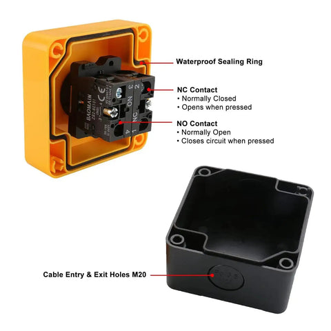 Back view of Red Emergency Stop Push Button Switch With Key 660V 1NO 1NC 10A Latching ON OFF Beefy Heavy Duty Safety Switch and box