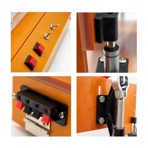 Details of PCB Test Frame Jig For PCBA Testing Bakelite Fixture Rack With Open Cover, showing replaceable A B C boards and adapters.