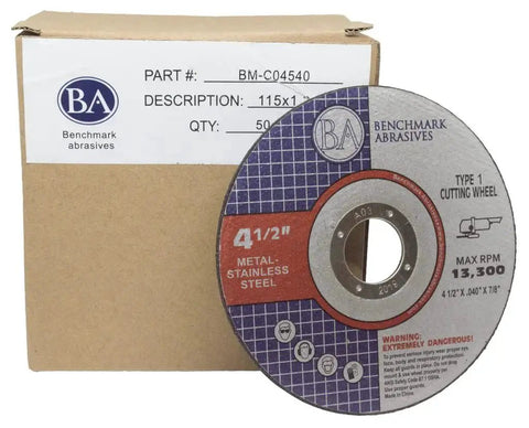 Four And A Half Inch Aluminum Oxide Thin Type One Cutting Wheel For Metal And Stainless Steel Seven Eighths Inch Arbor Zero Point Zero Four Zero Inch Thick Angle Grinder Disc For Fast Clean Cuts Twenty Five Pack, showing a disc and packaging.