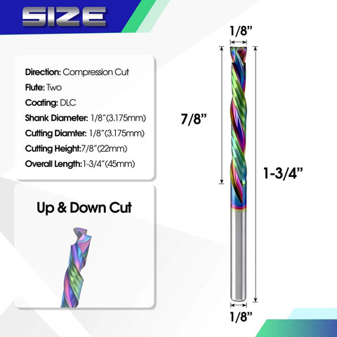 Compression CNC Router Bits With DLC Coating For Precision Milling, 1/8 Inch Shank, 2 Flute Spiral End Mills, Pro Grade Pack Of 10