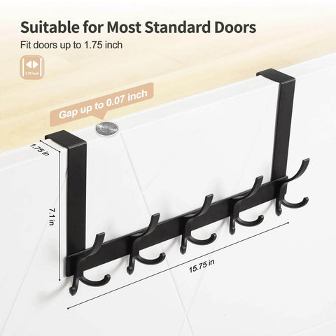 Over-the-door towel rack with 15 black metal triple hooks, 15.75 in long, fits doors up to 1.75 in