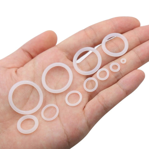 Silicone O-ring kit with assorted white rings for faucets and plumbing; clear food-grade VMQ, multiple sizes.