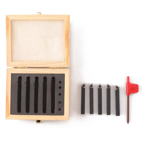 Five Piece Indexable Carbide Turning Tools Set With One Quarter Inch Shank For Turning Facing Boring And Chamfering Includes AL AR BL BR And E Style Holders And Rotatable Carbide Inserts Fits Most Mini Lathes And Bench Top Machines Oudtinx open box with tools.