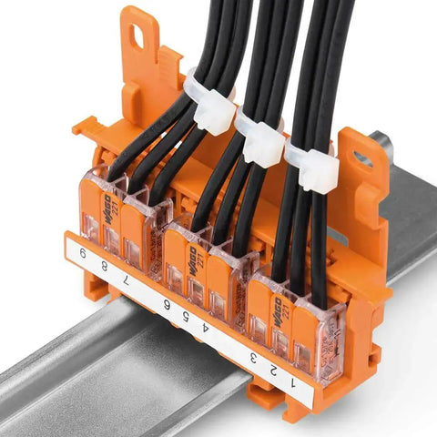 Go To Connection Terminal Set With 225 Pieces And 4 Mounting Adapters in use, installed on metal rail with black wires