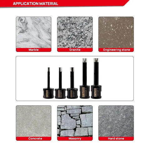 Diamond Drill Core Bits 14mm Diameter 2 Pack Welded Hole Saw For Concrete Granite Marble Hard Stone Heavy Duty With Five Eighth Inch Eleven Thread Wet Use Grit 25 35 Ideal For Faucet Holes In Stone Countertops And Plumbing Lines, shown with application materials like marble and granite.