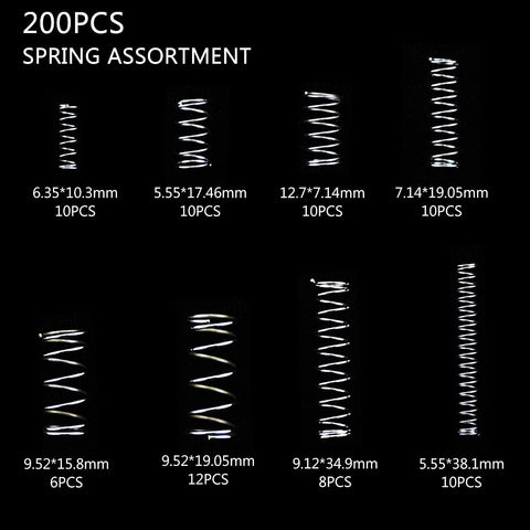 Heavy Duty Steel Wire Extension Spring Replacement Kit, 200 Piece Spring Assortment With Zinc Plated Coils, different spring sizes visible