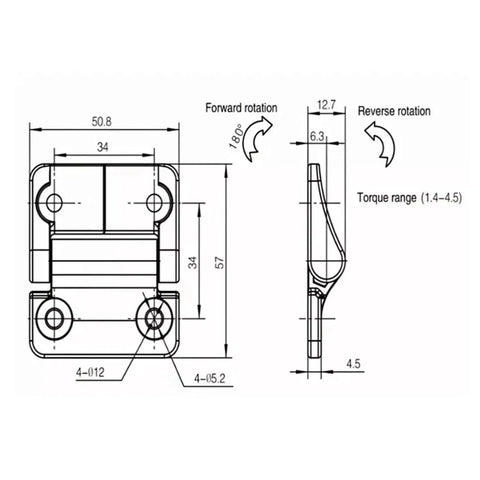 Technical diagram of Zinc Alloy Torque Hinge For Furniture Doors And Cabinets Black 2.8Nm Torque Position Hinge 1Pcs Durable Box Hinge