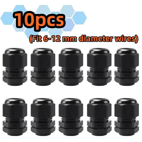 Heavy Duty 10 Pack 1/2 NPT Black Nylon PA66 IP68 Waterproof Adjustable Cable Glands display
