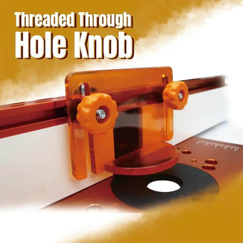 Close-up of T-Track Knob Kit With 1/4-20 Threaded Knobs, T-Bolts and Washers, installed on woodworking jig, orange star knobs visible.
