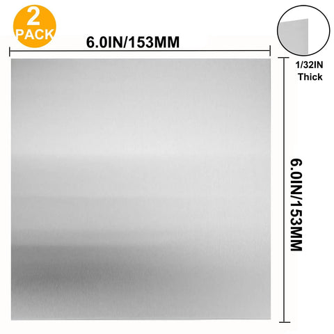 Front view of 2 Pack 304 Stainless Steel Sheets 6 By 6 By 1 32nd Inch 20 Gauge Shim Stock Plates for Crafting DIY with dimensions.