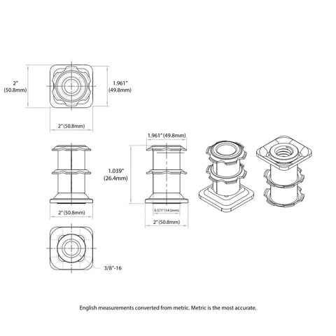 Technical diagram of Double Star Threaded Caster Insert In Heat Treated Steel Fits 2 Inch Square Tube 16-18 Gauge With 3/8-16 Thread Pack Of 4.