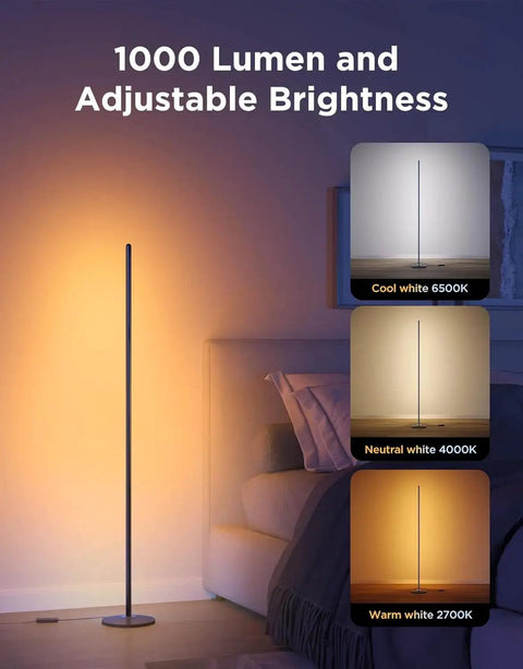 RGBIC Floor Lamp 1000lm With Music Sync And 16 Million Colors SmartThings Matter ambient lighting in bedroom with color temperature settings.