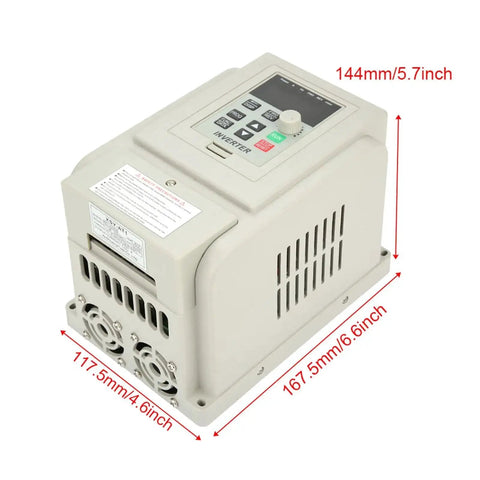 Rugged 2.2kW Variable Frequency Drive VFD for 120V to 220V motors, showing size dimensions and easy terminal wiring layout.