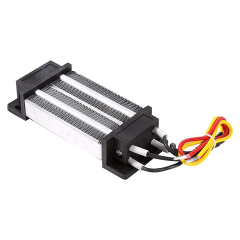 12V PTC ceramic air heater element with three metal fins and black mounting ends; red, yellow, and black power leads.
