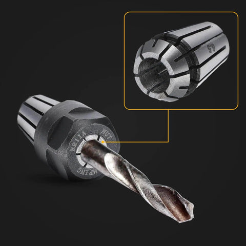 Pro Grade ER11 Spring Collet Set, 19-Piece CNC Milling Lathe Chuck Kit shown with collet and drill bit attached
