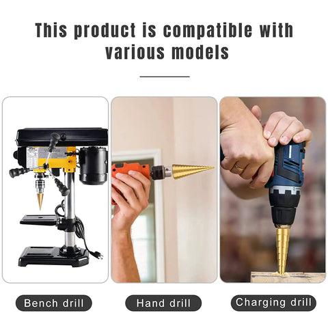 3 Piece Straight Grooved Step Drill Bit Set With Hex Shank HSS Titanium Coated Drill Bits For Metal Wood Plastic Sizes shown with bench, hand, and charging drills.