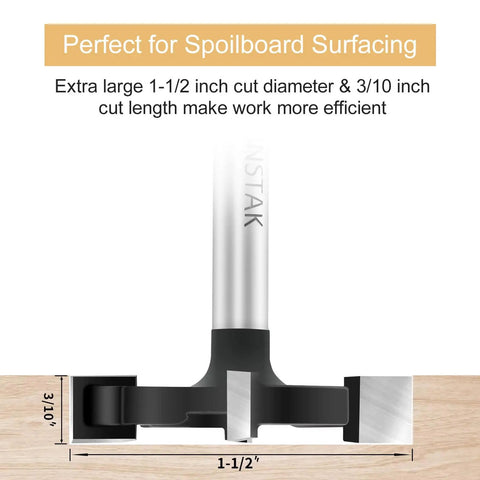 CNC Spoilboard Surfacing Router Bit, One Quarter Inch Shank, Pro Grade Extra Large One And One Half Inch Cutting Diameter shown close-up