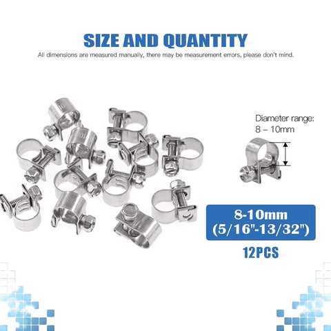 Stainless steel mini fuel-injection hose clamps, 12-piece set, adjustable 8–10 mm diameter