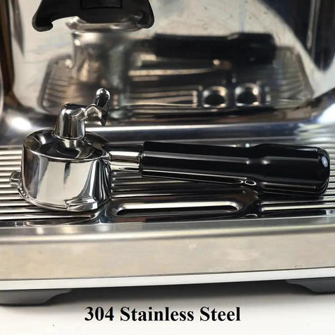 Portafilter 54mm double-spout with black ABS handle; stainless steel body, side view