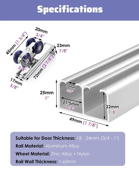 Complete Pocket Door Hardware Kit With Dual Aluminum Track For Inner Push Sliding Doors specifications image