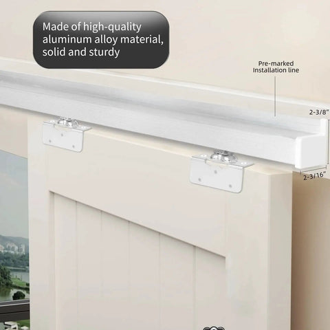 Close-up of Interior Box Rail Sliding Door Kit with wall mount aluminum track, showing pre-marked installation line and brackets.