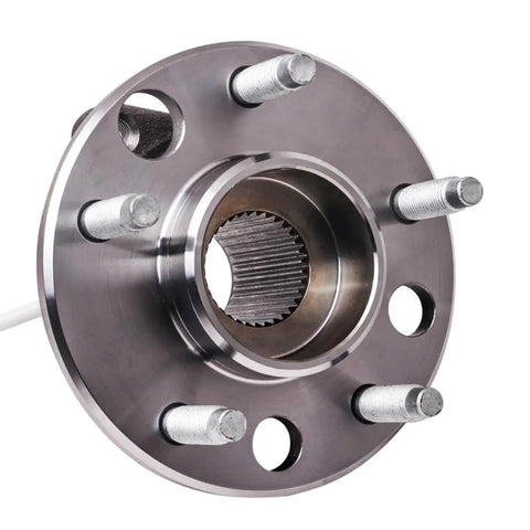 Close-up of front wheel hub and bearing assembly for 5 lug vehicles with ABS, compatible with Buick, Chevrolet, and Pontiac models.