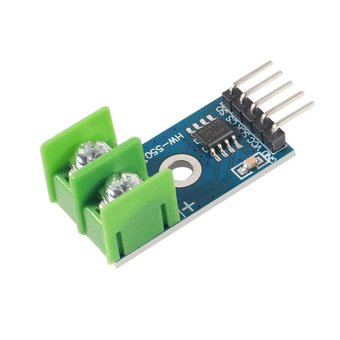 Blue MAX6675 thermocouple module with green screw terminals and 6-pin header for Raspberry Pi/Arduino.