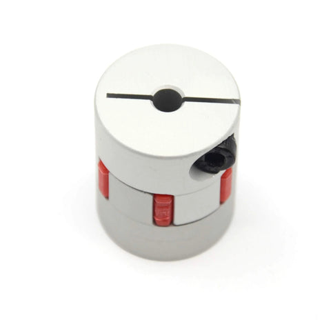 Aluminum plum-shaped flexible shaft coupling, gray with red clamps, 25mm dia, 30mm length for 5x8mm motor shafts