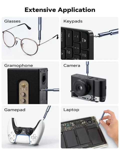 49in1 All In One Precision Screwdriver Set used on eyeglasses, keyboard, gramophone, camera, gamepad, laptop showcasing versatility.