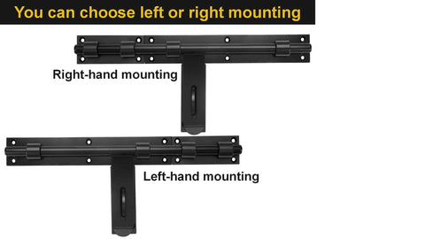Heavy Duty 17-Inch Carbon Steel Slide Bolt Latch For Barn Doors And Fences Built Tough Security Lock For Warehouses And Entry Gates Left Or Right Hand Mount Weld Or Screw Mount Patent Pending displayed with right and left mounting positions.