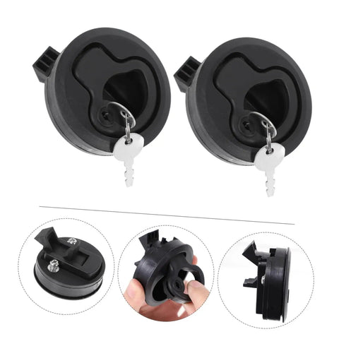 Front view: Two black round flush-mount boat latches with keys for RV cabinets or deck hatches
Side view: Black round flush-pull latch showing mounting tab
Close-up: Key and lock slot on a black flush-mount latch
Installed view: Marine-grade latch mounted in cabinet with screws

