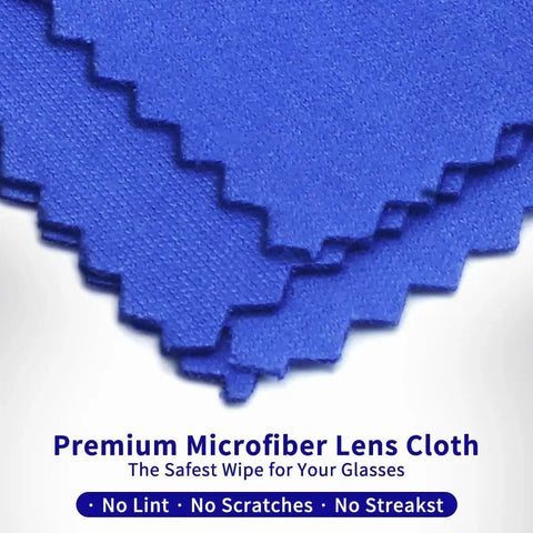 Blue microfiber lens cloths stacked, labeled as premium and safe for glasses, part of 20 Pack Ultra Soft Microfiber Glasses Cleaning Cloths For Eyeglasses And Devices.