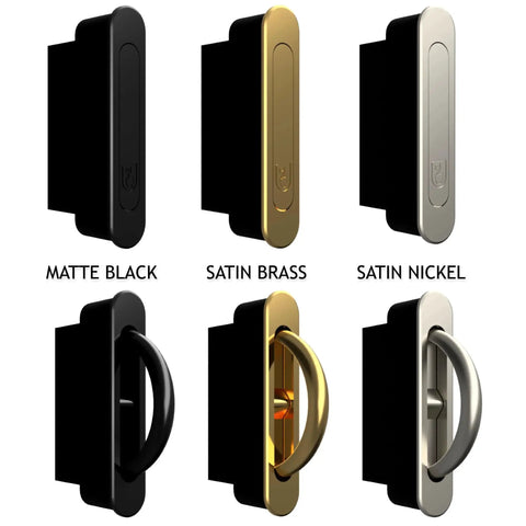 Pocket Door Pull Swivel Handle With Concealed Hardware And Quick Install Kit in Matte Black, Satin Brass, and Satin Nickel Finishes