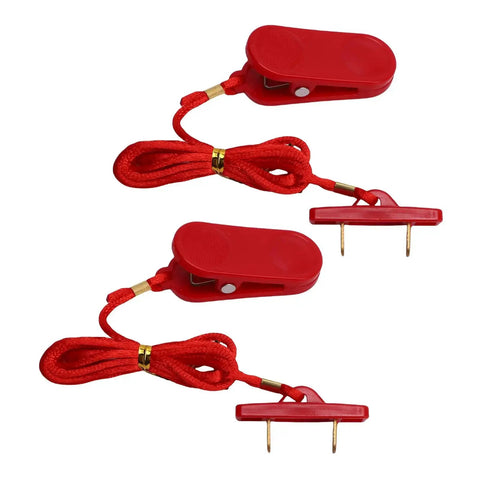 Two Pack Universal Treadmill Safety Key Emergency Stop Switch for Running Machines, showing red ABS keys with clips and cords.