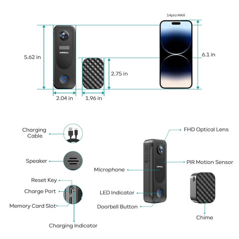 Diagram with dimensions of Wireless Battery Powered 2K Video Doorbell With Chime And No Subscriptions, 2 Way Audio, AI Detection, PIR Motion